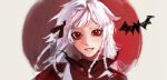  1girl bat_(animal) braid chrys circle fang grin highres looking_at_viewer medium_hair multiple_braids portrait quad_braids red_eyes red_scarf reverse:1999 rubuska scarf smile solo teeth white_background white_hair 