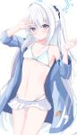  1girl adapted_costume bikini bikini_skirt blue_archive blue_halo blue_jacket breasts carrot_hair_ornament commentary_request criss-cross_strings food-themed_hair_ornament hair_ornament halo highres jacket miyako_(blue_archive) miyako_(c108_swimsuit)_(blue_archive) one_side_up pleated_skirt purple_eyes skirt small_breasts smile solo swimsuit tomato_greening white_bikini white_hair white_skirt 