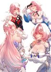  4girls absurdres breasts cleavage color_connection commentary company_connection cropped_shoulders cyrene_(demiurge)_(honkai:_star_rail) cyrene_(honkai:_star_rail) dress dual_persona english_commentary evernight_(honkai:_star_rail) flower hair_color_connection hair_flower hair_ornament highres honkai:_star_rail honkai_(series) looking_at_another looking_at_viewer march_7th_(honkai:_star_rail) march_7th_(preservation)_(honkai:_star_rail) medium_breasts mihoyo multiple_girls pink_eyes pink_hair red_eyes remielle_dan sera_(serappi) shirt white_dress white_shirt zenless_zone_zero 