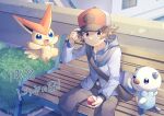  1boy bag bench blue_jacket brown_eyes brown_hair closed_mouth commentary_request hand_on_headwear hand_up hat hilbert_(pokemon) holding holding_poke_ball hood hood_down hooded_jacket jacket long_sleeves looking_at_viewer male_focus oshawott outdoors pants poke_ball poke_ball_(basic) pokemon pokemon_(creature) pokemon_black_and_white short_hair shoulder_bag sitting smile twitter_username victini yukinoko2200 
