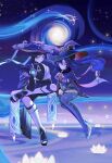  1boy 1girl absurdres albedo_(xieow) anemo_symbol_(genshin_impact) animal_print armor asymmetrical_bangs bird_print black_bodysuit black_bow black_bridal_gauntlets black_hair black_nails black_sandals black_shorts blue_kimono blue_leotard blue_sleeves blunt_bangs blunt_ends blush bodysuit bow breasts bridal_gauntlets brooch cape closed_eyes closed_mouth crescent crescent_hat_ornament eyelashes facing_another fingernails full_body fur_cape furisode gem genshin_impact gold_sandals gold_trim grey_eyes hair_between_eyes hand_on_own_arm hand_up hat hat_bow hat_ornament hetero high_heel_sandals high_heels highres japanese_armor japanese_clothes jewelry jingasa juban kimono kote kurokote large_breasts layered_sleeves leaning_forward leg_warmers leotard long_hair looking_at_another mona_(genshin_impact) mona_(pact_of_stars_and_moon)_(genshin_impact) open_clothes open_kimono parted_lips ponytail_holder purple_cape purple_hair purple_hat purple_thighhighs red_cape red_gem red_hat royal_ease sandals scaramouche_(genshin_impact) short_sleeves shorts shoulder_peek side_cape sidelocks sitting smile star_(symbol) star_brooch star_hat_ornament star_print swept_bangs thighhighs toes tsurime turtleneck turtleneck_bodysuit twintails two-sided_fabric two-sided_headwear vision_(genshin_impact) white_leg_warmers white_mouth white_sleeves white_trim witch_hat zouri 
