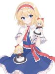  1girl alice_margatroid b3l_rinrin blonde_hair blue_dress blue_eyes capelet closed_mouth commentary_request doll dress frilled_dress frilled_hairband frills hairband highres holding holding_doll looking_at_viewer medium_hair red_hairband red_sash sash shanghai_doll simple_background smile solo touhou waist_sash white_background white_capelet 