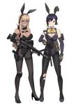  2girls absurdres animal_ear_hairband animal_ears ar-15 arm_at_side arm_pouch asymmetrical_sidelocks bare_shoulders black-framed_eyewear black_leotard black_pantyhose black_shoes blonde_hair blunt_bangs blunt_ends bow bowtie braid braided_bangs breasts chest_harness cleavage closed_mouth commentary commission dark-skinned_female dark_skin detached_collar elbow_gloves english_commentary fake_animal_ears foregrip frown gar32 glasses gloves gun h&amp;k_ump hairband handgun harness headset high_heels highres holding holding_gun holding_weapon holster indie_virtual_youtuber knee_pads large_breasts leotard long_hair looking_at_viewer looking_to_the_side medium_breasts mica_(vtuber) multicolored_hair multiple_girls pantyhose playboy_bunny pouch purple_eyes purple_hair purple_leotard rabbit_ear_hairband rabbit_ears rifle second-party_source semi-rimless_eyewear shoes short_hair sidelocks simple_background single_floppy_ear single_knee_pad smile strapless strapless_leotard submachine_gun sumire_violets suppressor tactical_playboy_bunny thigh_holster thighband_pantyhose torn_clothes torn_pantyhose trigger_discipline vertical_foregrip virtual_youtuber walkie-talkie weapon weapon_request white_background yellow_bow yellow_bowtie 
