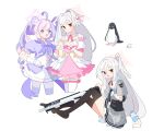  1other 2girls ahoge assault_rifle bare_shoulders bird black_corset black_thighhighs blue_archive bottle bow bowtie commentary corset crescent crescent_hair_ornament cropped_jacket cropped_legs detached_sleeves dress frilled_skirt frills gloves grey_jacket grey_skirt gun hair_ornament halo hand_on_own_hip head_wings highres jacket knees_up long_hair magical_girl multicolored_hair multiple_girls nagatsuki_kei_(nagatsuki22) no_shoes official_alternate_costume open_mouth pantyhose penguin pink_dress pink_hair pov pov_hands puffy_detached_sleeves puffy_sleeves purple_bow purple_bowtie purple_eyes purple_hair purple_jacket purple_pantyhose red_eyes red_ribbon reisa_(blue_archive) reisa_(magical)_(blue_archive) ribbon rifle ringlets sailor_collar short_sleeves sig_mcx sig_sauer signature simple_background single_head_wing sitting skirt striped_clothes striped_thighhighs suzumi_(blue_archive) suzumi_(magical)_(blue_archive) thighhighs twintails two-tone_hair water_bottle weapon white_background white_dress white_gloves white_hair white_sailor_collar white_thighhighs white_wrist_cuffs wing_hair_ornament wings wrist_cuffs yume_kawaii 