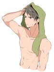  1boy arm_up black_hair closed_mouth collarbone commentary_request cropped_torso free! highres hinabu male_focus navel nude pectorals short_hair solo toned toned_male towel towel_on_head upper_body wet white_background yamazaki_sousuke 