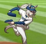  1girl animal_ears baseball_(sport) baseball_cap baseball_mitt baseball_uniform blue_eyes blue_hat blue_shirt blush cleats commentary cookd_shrimp ears_through_headwear grey_hair grey_tail hair_between_eyes hat highres horse_ears horse_girl horse_tail layered_sleeves long_hair long_sleeves los_angeles_dodgers oguri_cap_(umamusume) open_mouth pants pitching ponytail shirt short_over_long_sleeves short_sleeves solo sportswear tail umamusume untranslatable_commentary white_pants white_shirt 