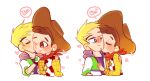  2boys animal_print animification brown_hair buzz_lightyear commentary_request cow_print cowboy cowboy_hat hat highres long_sleeves looking_at_viewer male_focus multiple_boys nhbzzdy open_mouth sheriff_woody shirt short_hair simple_background smile spacesuit toy_story white_background 