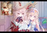  2girls alice_(genshin_impact) bare_shoulders black_gloves blonde_hair blue_eyes breasts cleavage closed_mouth commentary_request covering_own_mouth cross-shaped_pupils den_dendayo derivative_work detached_sleeves dress game_screenshot_inset genshin_impact gloves hand_on_another's_shoulder hand_up hat highres indoors letterboxed looking_at_viewer medium_breasts multiple_girls nicole_(genshin_impact) open_mouth orange_eyes pointy_ears portrait reference_inset screenshot_inset screenshot_redraw smile symbol-shaped_pupils white_dress white_hat 