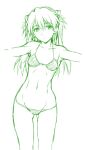  1girl :< alternate_costume armpits ass_visible_through_thighs bikini blush breasts commentary_request cowboy_shot frown green_theme groin hair_between_eyes hair_ornament harukaze_koucha head_tilt interface_headset_(evangelion) long_hair looking_at_viewer lowleg lowleg_bikini monochrome navel neon_genesis_evangelion outstretched_arms simple_background sketch small_breasts solo souryuu_asuka_langley spread_arms standing string_bikini swimsuit toned toned_female 