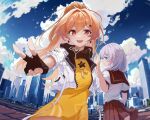  2girls :d absurdres ahoge aqua_eyes black_gloves blonde_hair blue_sky brown_hair brown_scarf brown_serafuku brown_skirt chinese_commentary city closed_mouth cloud cloudy_sky commentary_request dress earrings fibonacci_no_usagi fingerless_gloves fingernails gloves highres honkai_(series) honkai_gakuen jacket jewelry karin_mered kiana_kaslana multiple_girls open_mouth outdoors ponytail scarf school_uniform serafuku short_sleeves skirt sky smile v white_hair white_jacket yellow_dress 