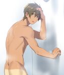  1boy ass back brown_hair commentary_request completely_nude free! from_side green_eyes hand_on_own_head looking_at_viewer male_focus mo_(nmnme) nude open_mouth short_hair showering solo tachibana_makoto tanlines toned toned_male upper_body wet wet_hair 