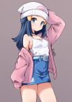  1girl absurdres artist_name beanie belt blue_eyes blue_hair blue_skirt cardigan commentary dawn_(pokemon) hair_ornament hairclip hat highres long_hair long_sleeves looking_at_viewer open_cardigan open_clothes pink_sweater poke_ball_print poke_ball_symbol pokemon pokemon_diamond/pearl/platinum shirt shirt_tucked_in simple_background skirt sleeves_past_fingers sleeves_past_wrists solo strap sukato_(sukato_) sweat sweater white_hat white_shirt 