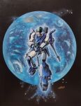  1980s_(style) aoki_ryuusei_spt_layzner commentary_request dated earth_(planet) fukano_youichi full_body glowing glowing_eyes gun highres holding holding_gun holding_weapon layzner looking_at_viewer mecha mecha_focus no_humans planet radio_antenna retro_artstyle robot signature space sparkle traditional_media weapon 