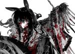  1boy animal_ears bags_under_eyes blood blood_on_clothes blood_on_face centaur commentary empty_eyes hat heishou_pack-wu_branch_(identity)_(project_moon) highres holding holding_polearm holding_unworn_clothes holding_unworn_hat holding_weapon horse_boy horse_ears limbus_company long_hair looking_down male_focus moomsaw polearm project_moon simple_background spot_color taur unworn_hat unworn_headwear upper_body weapon white_background yi_sang_(project_moon) 