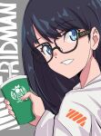  1girl absurdres bad_id bad_pixiv_id black_hair blue_eyes cup disposable_cup drinking_straw english_text facing_to_the_side glasses grey_background gridman_universe highres holding holding_cup hood hood_down hoodie long_sleeves looking_at_viewer medium_hair simple_background sitnon smile solo ssss.gridman takarada_rikka white_hoodie 