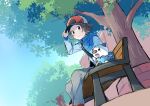  1boy absurdres bag bench blue_jacket brown_hair closed_mouth commentary_request day from_below grey_pants hand_on_headwear hand_up happy hat highres hilbert_(pokemon) jacket looking_down male_focus oshawott outdoors pants pokemon pokemon_(creature) pokemon_black_and_white short_hair sitting smile tree yukinoko2200 