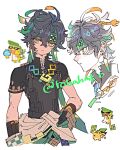  1boy ajaw_(genshin_impact) antenna_hair apron artist_name black_apron black_gloves black_hair black_shirt body_markings bracelet braid closed_mouth clothes_around_waist crossed_bangs dragon dragon_tail earrings eyelashes floating_hair genshin_impact gloves gold_bracelet green_gloves green_hair green_headband green_sash hair_between_eyes hand_on_own_hip headband highres jewelry kinich_(genshin_impact) looking_at_viewer looking_to_the_side male_focus multiple_views necklace orange_hair rainbow_gradient rainbow_order robert_(robahato) sash shirt short_hair short_sleeves side_braid simple_background single_braid smile sunglasses tail tan two-sided_gloves white_background yellow_eyes 
