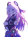  1girl bare_shoulders blue_eyes braid citlali_(genshin_impact) closed_mouth commentary_request cowboy_shot crossed_arms cryo_symbol_(genshin_impact) den_dendayo facial_mark floating_headgear genshin_impact headgear highres leotard light_frown long_hair looking_to_the_side pink_hair pink_pupils purple_sarong ribbed_leotard sarong simple_background sleeveless sleeveless_turtleneck solo triangle triangle_facial_mark turtleneck turtleneck_leotard twin_braids vision_(genshin_impact) white_background 