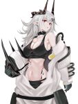  1girl arknights bare_shoulders black_gloves black_horns black_sports_bra bodysuit bodysuit_pull breasts cleavage collarbone commentary_request demon_girl demon_horns earclip feet_out_of_frame gloves grey_hair haniwakun2006 helmet highres holding holding_unworn_helmet horns infection_monitor_(arknights) large_breasts long_hair looking_at_viewer material_growth mudrock_(arknights) mudrock_(elite_ii)_(arknights) navel open_mouth oripathy_lesion_(arknights) pointy_ears red_eyes simple_background solo sports_bra standing sweat unworn_headwear unworn_helmet white_background white_bodysuit 
