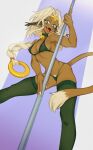  1girl :d absurdres aisha_clanclan animal_ears bare_arms bare_shoulders bell bikini blonde_hair blonde_pubic_hair braid breasts choker circlet commission curtained_hair dark-skinned_female dark_skin english_commentary facial_mark fangs female_pubic_hair fingernails green_bikini green_choker green_eyes green_thighhighs grey_background highres jingle_bell light_blush long_hair looking_at_viewer mark_under_eye medium_breasts neck_bell nipple_slip nipples open_mouth outlaw_star pole pole_dancing pubic_hair pubic_hair_peek purple_background sharp_fingernails simple_background single_braid smile soapy_draws solo string_bikini stripper_pole swimsuit tail thighhighs triangle_bikini_top very_long_braid 