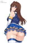  1girl absurdres aozaki_aoko aqua_(konosuba) aqua_(konosuba)_(cosplay) ass bare_shoulders blue_eyes blue_shirt blue_skirt blush bow bowtie breasts brown_hair commentary cosplay detached_sleeves english_commentary green_bow green_bowtie highres justcuyo large_breasts looking_at_viewer mahou_tsukai_no_yoru no_panties shirt simple_background skirt solo type-moon white_background 