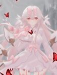  1girl arcaea bow bug butterfly carnation collar cowboy_shot crossed_bangs detached_collar detached_wings dress dress_bow flower frilled_dress frilled_sleeves frills garter_straps gloves hair_between_eyes hair_bow highres hikari_(arcaea) hikari_(fatalis)_(arcaea) long_hair long_sleeves looking_at_viewer mechanical_wings pink_bow pink_carnation pink_flower pink_hair pursed_lips red_butterfly red_eyes solo straight-on thighhighs watagumo_yuki white_collar white_dress white_gloves wide_sleeves wings zettai_ryouiki 