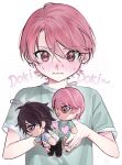  1boy blush character_doll commentary doll english_commentary green_shirt heart highres holding holding_doll male_focus pink_hair sawashiro_tsubaki shimizu_yuu_(shota_oni) shirt short_hair short_sleeves shota_oni sound_effects sweat tesnate3 upper_body white_background yaoi 