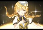  1girl artist_name black_bow black_bowtie black_ribbon blonde_hair blush bow bowtie braid center_frills commentary_request earrings fang frills fujita_kotone gakuen_idolmaster go_my_way!!_(idolmaster) hair_ribbon hand_on_own_chest hat hat_bow idolmaster jacket jewelry letterboxed plaid_clothes plaid_jacket ribbon shirt signature skin_fang solo sparkle star_(symbol) star_earrings sukuuu swept_bangs twin_braids white_hat white_shirt yellow_bow yellow_eyes yellow_jacket 