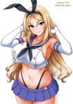  1girl black_neckerchief black_panties blonde_hair blue_eyes blue_sailor_collar blue_skirt breasts check_commentary commentary_request cosplay crop_top elbow_gloves gloves hairband headgear highleg highleg_panties highres kamiya_tadato kantai_collection large_breasts long_hair microskirt navel neckerchief nelson_(kancolle) one-hour_drawing_challenge panties sailor_collar shimakaze_(kancolle) shimakaze_(kancolle)_(cosplay) skirt striped_clothes striped_thighhighs thighhighs underwear white_gloves 