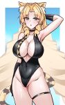  1girl :o absurdres animal_ear_fluff animal_ears arknights arm_behind_head armpits avalong82 black_gloves black_one-piece_swimsuit blonde_hair blue_background blush border breasts cleavage commentary_request covered_navel cowboy_shot drill_hair drill_sidelocks gloves green_eyes groin hand_up highres large_breasts long_hair looking_at_viewer official_alternate_costume one-piece_swimsuit outside_border sidelocks simple_background skindentation solo swimsuit swire_(arknights) swire_(summer)_(arknights) tail thigh_strap tiger_ears tiger_girl tiger_tail twin_drills very_long_hair white_border 