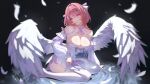  1girl bare_shoulders black_background breasts bridal_gauntlets cleavage commentary dazed_pedler dress english_commentary falling_feathers feathered_wings feathers large_breasts medium_hair parted_lips pink_eyes pink_hair remielle_dan solo thighhighs thighs white_dress white_feathers white_thighhighs white_wings wings zenless_zone_zero 