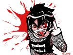  1girl black_hair blood blood_splatter bright_pupils collarbone commentary english_commentary fangs fingernails fishnets hair_between_eyes middle_finger nail_polish open_mouth original piercing punk red_eyes red_nails robert_j_case short_hair signature simple_background smile solo teeth tongue tongue_out tongue_piercing upper_body vampire white_background white_pupils 