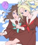  2girls anyoji_hime aqua_neckerchief balloon blonde_hair blue_eyes blush brown_dress brown_hair closed_mouth commentary_request dress flower fujishima_megumi hair_flower hair_ornament haruruhaharur hasu_no_sora_school_uniform highres long_hair long_sleeves looking_at_viewer love_live! love_live!_hasu_no_sora_jogakuin_school_idol_club mira-cra_park! multiple_girls neckerchief open_mouth osawa_rurino purple_eyes red_neckerchief sailor_collar sailor_dress school_uniform smile white_sailor_collar winter_uniform 