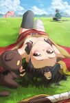  1boy 3girls absurdres aqua_(konosuba) asymmetrical_legwear bandaged_leg bandages black_cat black_gloves black_thighhighs blonde_hair blurry breasts brown_hair cape cat chomusuke cloud cloudy_sky commentary darkness_(konosuba) day downblouse dress english_commentary fingerless_gloves frog gloves grass green_cape highres kono_subarashii_sekai_ni_shukufuku_wo! looking_at_viewer lying mage_staff megumin multiple_girls on_back on_ground outdoors paid_reward_available red_dress running satou_kazuma scenery single_thighhigh sitting sky small_breasts staff thighhighs waligner 