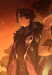  0p78xopwsj83779 2boys ahoge black_coat black_gloves black_hair black_shirt closed_mouth coat commentary crossed_arms dottore_(genshin_impact) embers english_commentary expressionless eyewear_strap fur-trimmed_coat fur_trim genshin_impact glasses gloves gradient_hair gradient_sky hair_over_shoulder highres lab_coat lapels long_sleeves looking_to_the_side male_focus medium_hair multicolored_hair multiple_boys open_clothes open_coat orange_sky outdoors pantalone_(genshin_impact) parted_bangs purple_eyes purple_hair semi-rimless_eyewear shirt sky solo_focus standing tree turtleneck under-rim_eyewear white_coat 