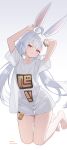  1girl absurdres ahoge ananta animal_ears arms_up barefoot closed_mouth feet full_body highres kneeling long_hair looking_at_viewer no_pants print_shirt rabbit_ears red_eyes rswifhand shirt sidelocks simple_background smile solo t-shirt taffy_(ananta) twintails very_long_hair white_background white_hair white_shirt 