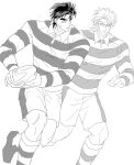  00000_zz78 2boys adoptive_siblings ball collared_shirt commentary_request dio_brando full_body greyscale highres jojo_no_kimyou_na_bouken jonathan_joestar korean_commentary long_sleeves looking_ahead looking_at_another male_focus monochrome multiple_boys official_alternate_costume open_mouth phantom_blood rugby rugby_ball rugby_uniform running shirt short_hair shorts siblings simple_background sketch sportswear striped_clothes striped_shirt sweat toned toned_male white_background 