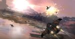  aircraft airplane astra_militarum bomber bridge cityscape cloud concept_art contrail eddygonzlezdvila explosion fictional_aircraft flying highres marauder_bomber military_vehicle no_humans red_sky science_fiction sky sparks sunset vehicle_focus war warhammer_40k 