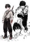  1boy ankle_boots backpack bag bandaged_hand bandages belt belt_boots belt_buckle black_belt black_eyes black_hair black_pants boots bright_pupils brown_bag brown_boots brown_gloves buckle buttons clenched_hand closed_mouth collared_shirt commentary_request cropped_shoulders fighting_stance fingerless_gloves full_body gloves grey_pupils hair_between_eyes highres holding holding_sword holding_weapon jun_(navigavi) long_sleeves looking_at_viewer looking_to_the_side male_focus motion_lines multiple_views nose original pants partial_commentary partially_colored scabbard sheath shirt shirt_tucked_in short_hair shoulder_belt simple_background single_glove sketch_inset standing sword sword_on_back unsheathed weapon weapon_on_back white_background white_shirt wing_collar 