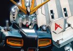  absurdres blue_eyes char's_counterattack commentary_request fin_funnels glowing glowing_eyes gundam highres insignia kosaka_daiki mecha mecha_focus mobile_suit no_humans nu_gundam painting_(medium) portrait robot science_fiction solo traditional_media v-fin watercolor_(medium) 