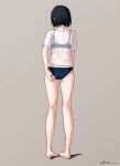  1girl barefoot black_hair blue_bra blue_panties bra commentary_request feet from_behind full_body grey_background highres no_pants original panties see-through_clothes see-through_shirt shirt short_hair short_sleeves signature simple_background solo standing t-shirt takimoto_nao underwear variant_set white_shirt 