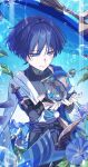  1boy absurdres armor belt black_belt black_bodysuit black_bow black_bridal_gauntlets black_hair black_shorts blue_background blue_cape blue_eyes blue_gem blue_hat blue_jingasa blue_kimono blue_sleeves blue_trim blunt_ends bodysuit bow bridal_gauntlets bright_pupils bubble cape clothing_cutout commentary eyeliner feathers fingernails flower furisode gem genshin_impact gold gold_belt hat highres hip_vent japanese_armor japanese_clothes jingasa juban kimono kote kurokote layered_sleeves leaf looking_at_object makeup male_focus middle_ring nezumi0814 open_clothes open_hands open_kimono pom_pom_(clothes) purple_flower purple_rope purple_sash red_eyeliner rope sash scaramouche_(genshin_impact) short_sleeves shorts shoulder_peek side_cape solo tassel tilted_headwear tsurime tulaytullah's_remembrance_(genshin_impact) upper_body vision_(genshin_impact) wanderer_(genshin_impact) white_kimono white_pupils white_sleeves wispy_bangs yellow_feathers 