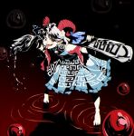  1girl artist_name bare_shoulders barefoot blue_dress clothing_cutout commentary dress earrings english_commentary frilled_dress frills full_body goat_horns highres holding holding_spoon horns jewelry looking_at_viewer oversized_spoon pointy_ears red_eyes red_horns sharp_teeth short_hair short_sleeves shoulder_cutout solo spoon teeth tongue tongue_out touhou toutetsu_yuuma ultragruntyy 
