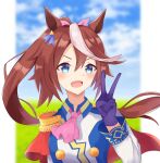  1girl animal_ears ascot blue_eyes blue_gloves blush breasts brown_hair buttons cape commentary_request double-breasted epaulettes gloves highres horse_ears horse_girl jacket kyawadayooo long_hair long_sleeves looking_at_viewer multicolored_hair multicolored_jacket open_mouth pink_ascot ponytail red_cape single_epaulette single_hair_streak small_breasts smile solo streaked_hair tokai_teio_(peak_joy)_(umamusume) tokai_teio_(umamusume) two-tone_jacket umamusume upper_body v white_jacket white_streaks 