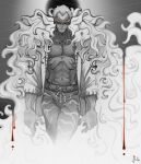  1boy abs blonde_hair blood blood_drip coat donquixote_doflamingo earrings highres jewelry male_focus one_piece open_clothes open_shirt partially_colored pn-99 shirt short_hair smile smoke solo sunglasses toned toned_male white_coat white_shirt 