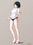  1girl barefoot blue_panties blush brown_eyes commentary_request feet full_body grey_background highres no_pants open_mouth original panties shirt short_sleeves signature simple_background smile solo standing t-shirt takimoto_nao toes underwear variant_set white_shirt 