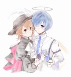  1boy 1girl arknights artist_name ascot black_dress black_hat blue_eyes blue_gloves blue_hair brown_eyes capelet cavalier_hat closed_mouth collar collared_dress collared_jacket commentary couple dress earrings facing_to_the_side fake_halo flipped_hair gloves hair_between_eyes hair_over_eyes hair_over_one_eye halo hat hat_feather head_tilt hetero holding_hands interlocked_fingers jacket jewelry leaning_on_person light_smile long_sleeves looking_afar looking_at_viewer multicolored_jacket official_alternate_costume persona persona_3 persona_3_reload puffy_sleeves short_hair simple_background takeba_yukari takeba_yukari_(in_vigil_of_dawn_and_dusk) tsukito-yoru twitter_username two-tone_capelet upper_body white_ascot white_background white_gloves white_jacket yuuki_makoto_(in_witness_of_glory)_(persona_3) yuuki_makoto_(persona_3) 