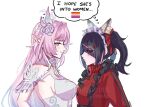  2girls black_hair blush breasts character_request commentary commission copyright_request cyrene_(demiurge)_(honkai:_star_rail) cyrene_(honkai:_star_rail) dress flower hair_flower hair_intakes hair_ornament honkai:_star_rail honkai_(series) ivushu large_breasts lesbian_flag long_hair looking_at_another medium_breasts medium_hair multicolored_hair multiple_girls pink_hair pointy_ears purple_eyes red_sweater simple_background speech_bubble sweater thought_bubble twintails two-tone_hair very_long_hair white_background white_dress white_hair yuri 
