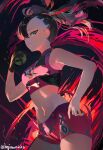  1girl absurdres artist_name asymmetrical_bangs black_choker black_hair black_nails choker commentary dusk_ball facing_to_the_side hair_ribbon hand_on_own_hip highres holding holding_poke_ball looking_at_viewer marnie_(pokemon) midriff navel naz_(hsae3838) official_alternate_costume poke_ball pokemon pokemon_sword_and_shield ribbon solo sportswear team_yell twintails twitter_username two-tone_shirt undercut unfinished 