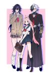  0p78xopwsj83779 1girl 2boys aqua_streaks ashveil_(honkai:_star_rail) black_eyes black_hair black_sailor_collar black_shirt black_shoes black_skirt black_socks blue_sailor_collar blue_skirt blush boothill_(honkai:_star_rail) border bow bowtie briefcase brown_cardigan brown_shoes bullet_earrings buttons cardigan closed_mouth commentary_request crop_top crossdressing crossdressing_(mtf) crossed_bangs cyborg drop_shadow earrings galaxy_rangers_(honkai:_star_rail) gold_earrings gradient_hair green_eyes grey_hair grey_skirt hair_between_eyes hair_bow hair_intakes hair_ornament hair_over_one_eye hairclip hand_up high_ponytail highres holding honkai:_star_rail honkai_(series) jewelry kneehighs loafers long_hair long_skirt long_sleeves looking_at_viewer loose_bowtie loose_socks miniskirt mole mole_under_eye multicolored_hair multiple_boys neckerchief one_eye_closed one_eye_covered open_mouth outside_border parted_bangs parted_lips pink_background pink_hair plaid_bow plaid_bowtie plaid_clothes plaid_skirt pleated_skirt ponytail purple_bow purple_eyes rappa_(honkai:_star_rail) red_bow red_bowtie red_neckerchief red_pupils sailor_collar school_briefcase school_uniform serafuku shirt shoes short_sleeves sidelocks single_earring skirt sleeves_past_wrists sleeves_rolled_up smile socks split_mouth standing streaked_hair sweatdrop two-tone_hair v very_long_hair white_border white_hair white_shirt white_socks 